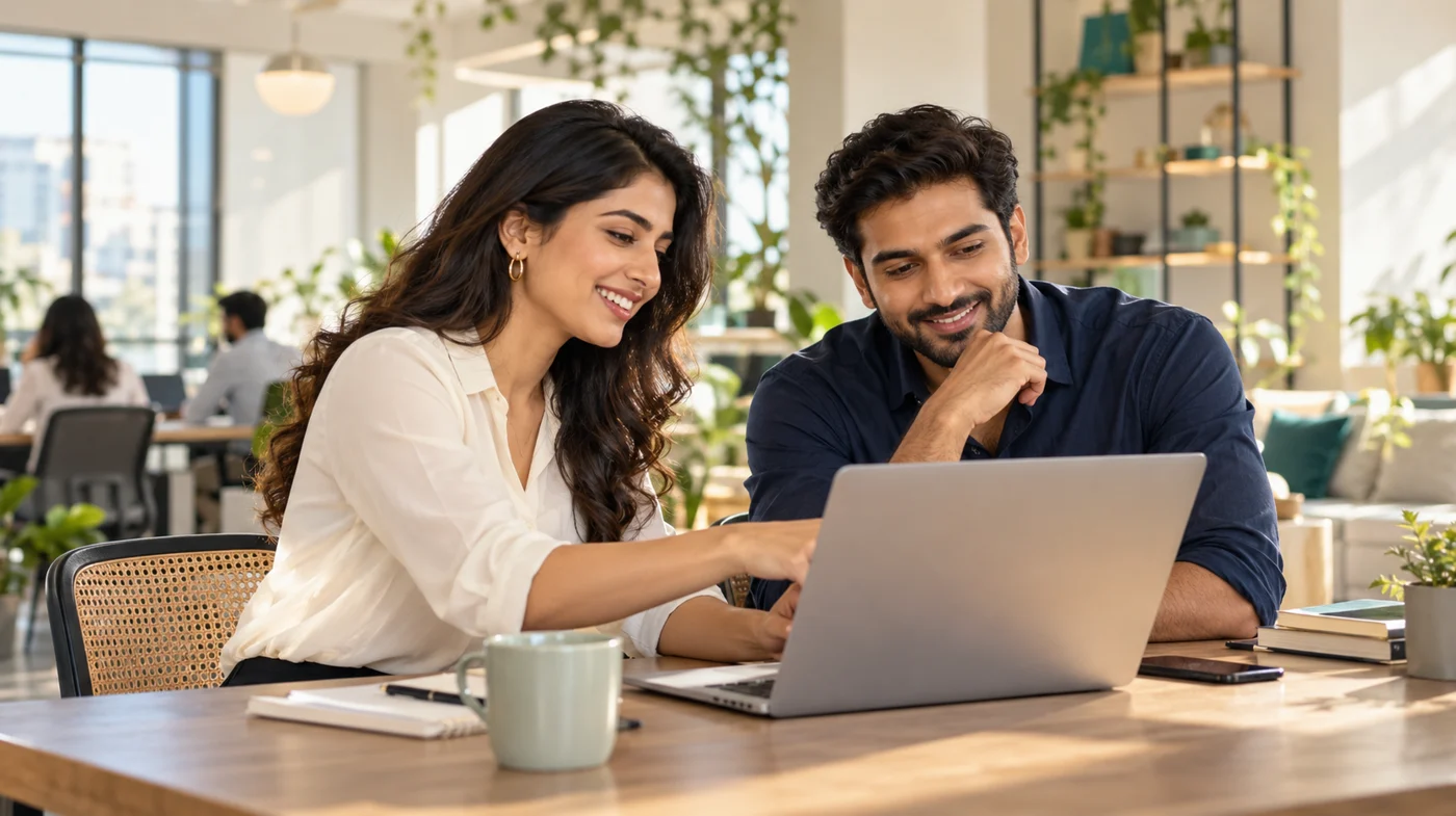 Illustrative Indian professionals collaborating on a digital project