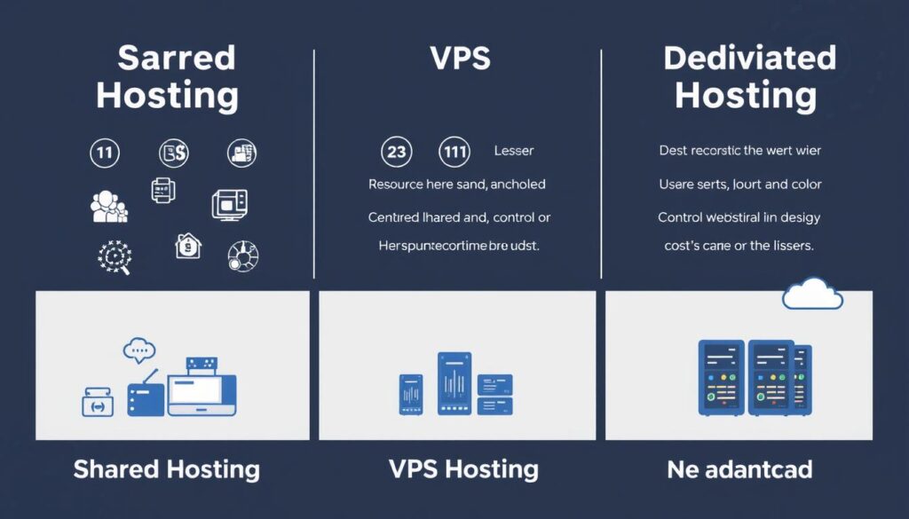 Comparison of different web hosting types showing shared, VPS, and dedicated hosting options