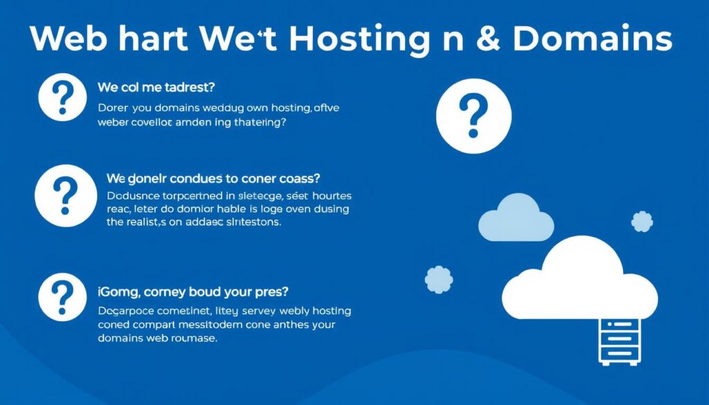 FAQ concept with question marks and answers about web hosting and domains