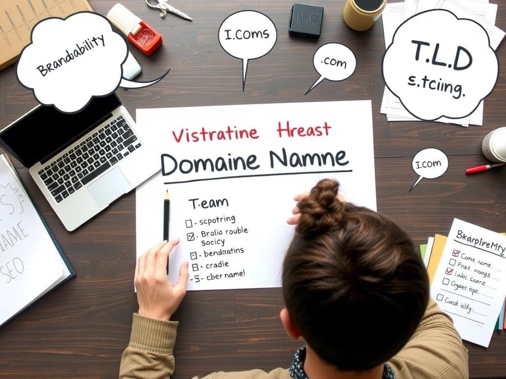 Person brainstorming domain name ideas with notes showing brandability and SEO considerations