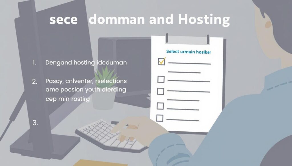 Person following a step-by-step checklist for selecting domain and hosting