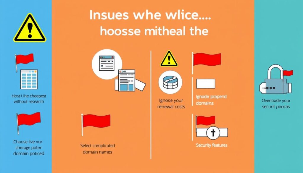 Warning signs illustrating common mistakes when choosing hosting and domains