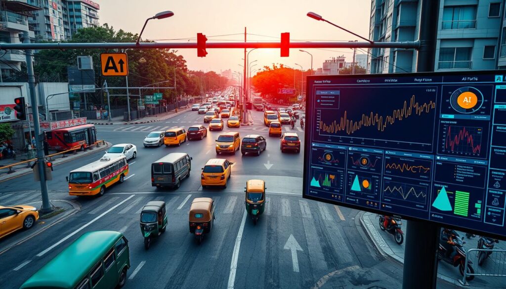 AI traffic management solution monitoring and optimizing traffic flow in a busy Indian city intersection