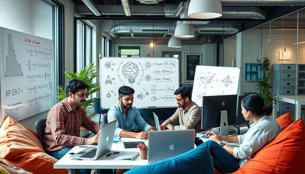 Diverse tech startup team collaborating on AI project in modern office