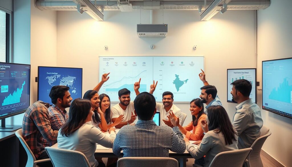 Growing AI startup team celebrating success with expansion plans