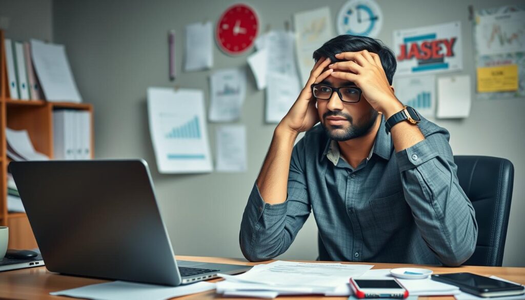 Indian SME owner looking stressed while managing multiple business operations