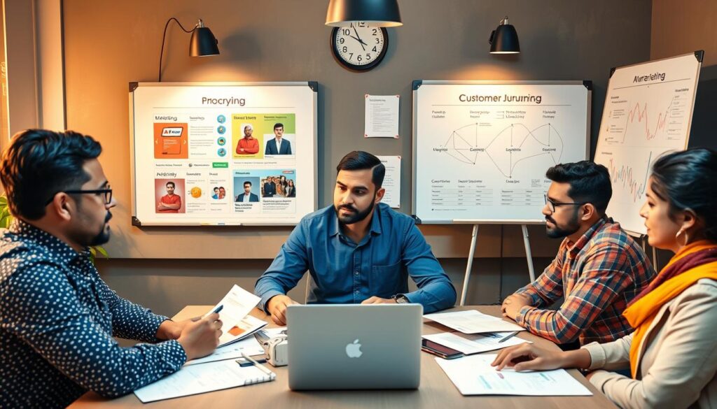 Marketing team planning AI startup launch strategy with digital and traditional channels