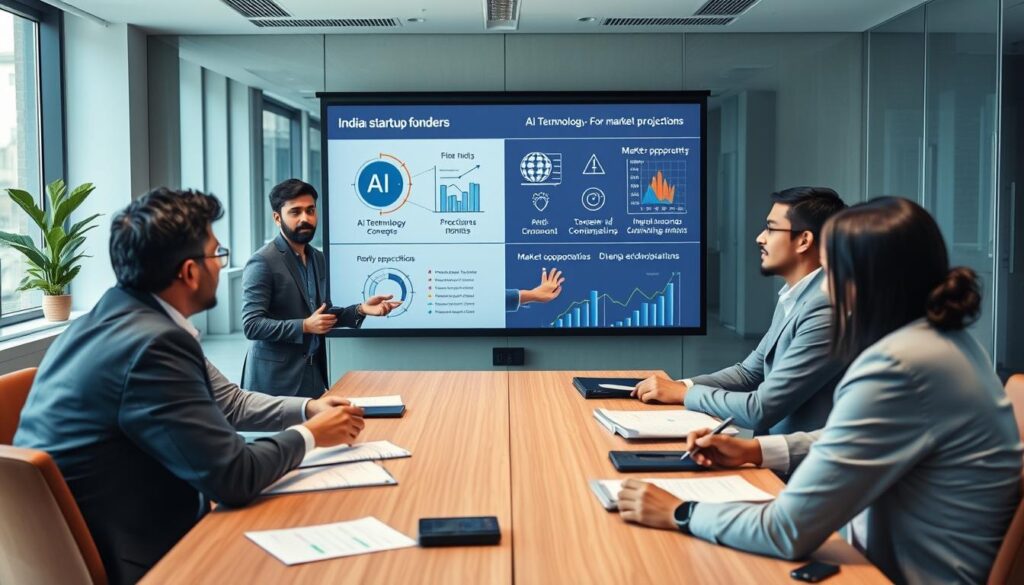 Startup founders pitching to investors in a modern meeting room