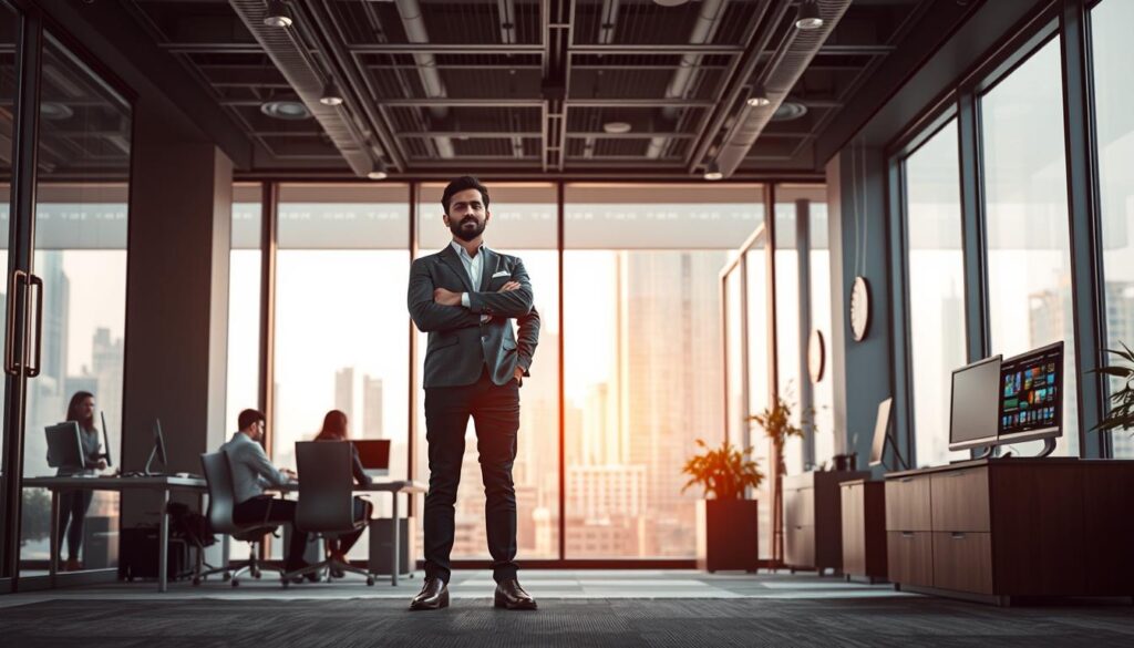 Successful tech entrepreneur looking confidently toward future growth