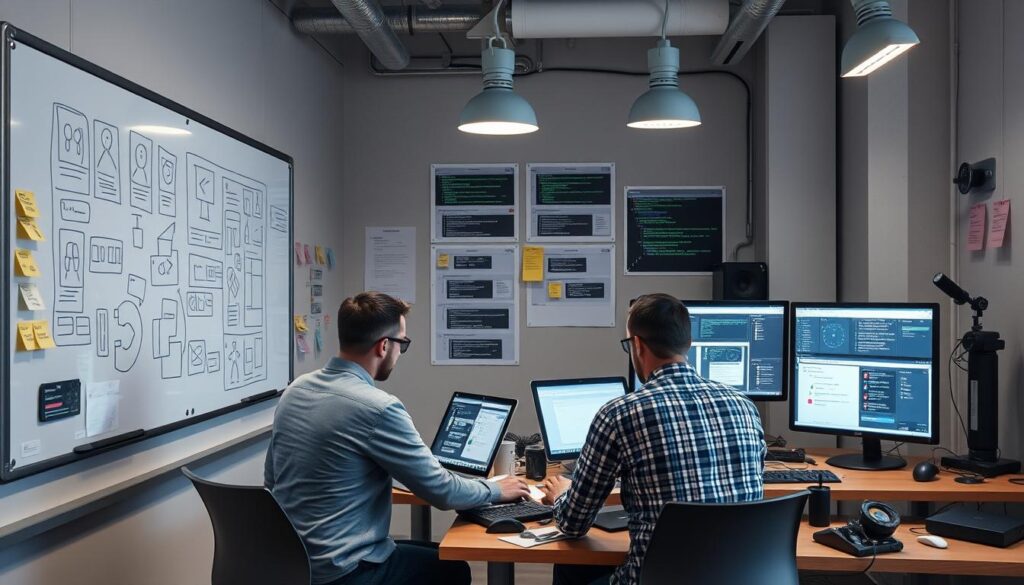 Tech team working on AI startup MVP development with wireframes and code