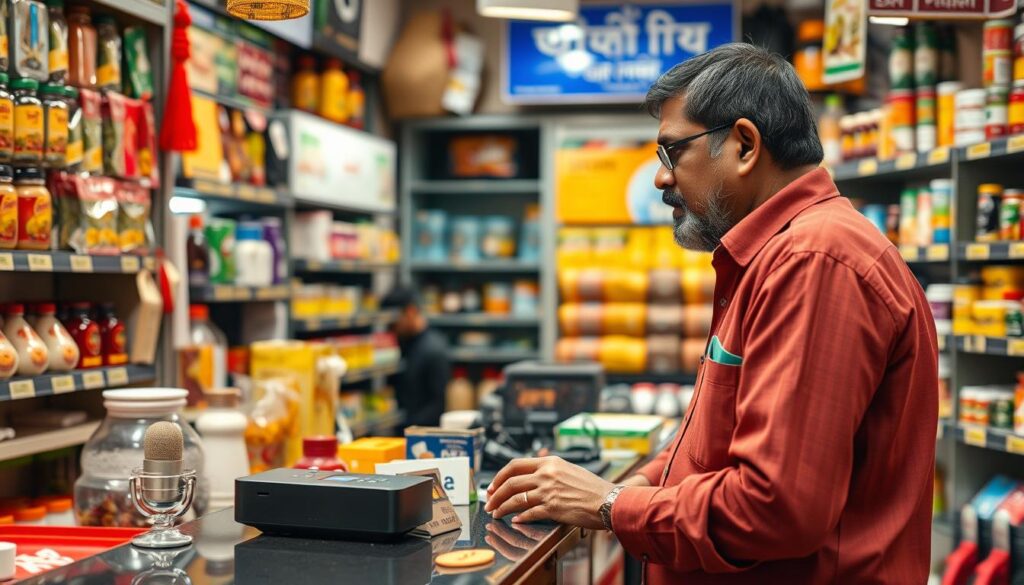 Voice-based AI assistant being used by an informal retailer in an Indian market setting