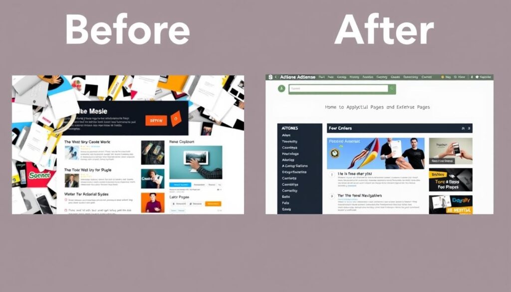 Before and after comparison of a website optimized for AdSense approval