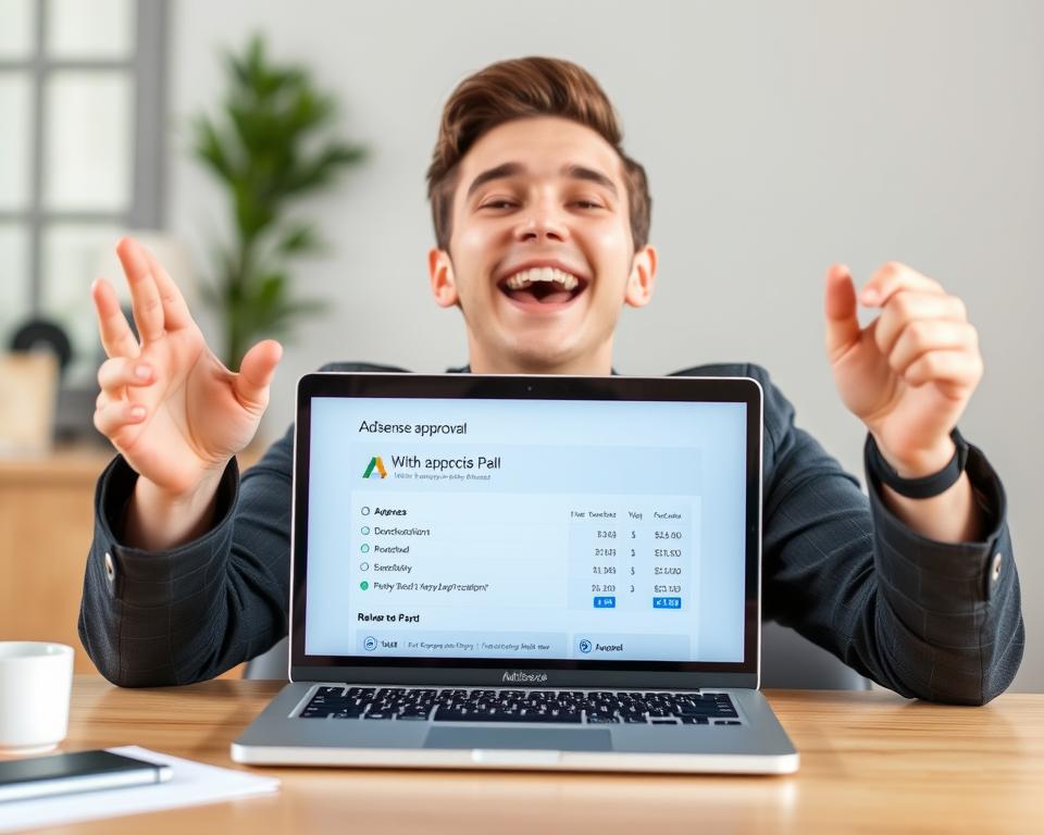 Person celebrating successful AdSense approval with revenue display