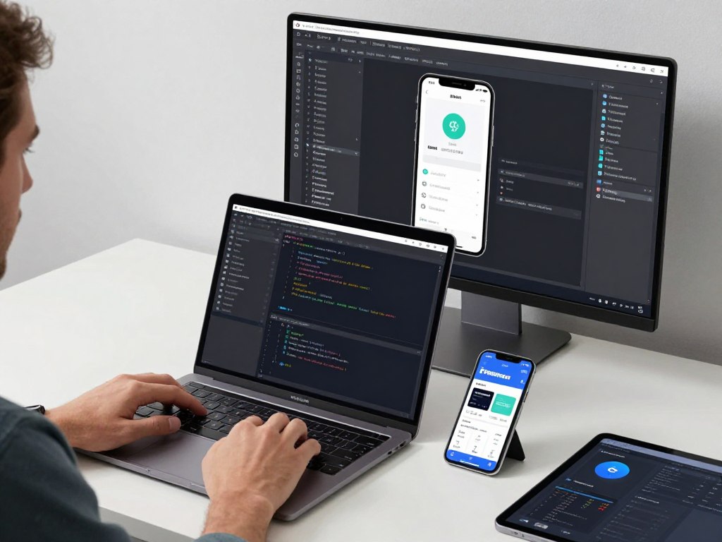 App developer coding on multiple screens with mobile app interface