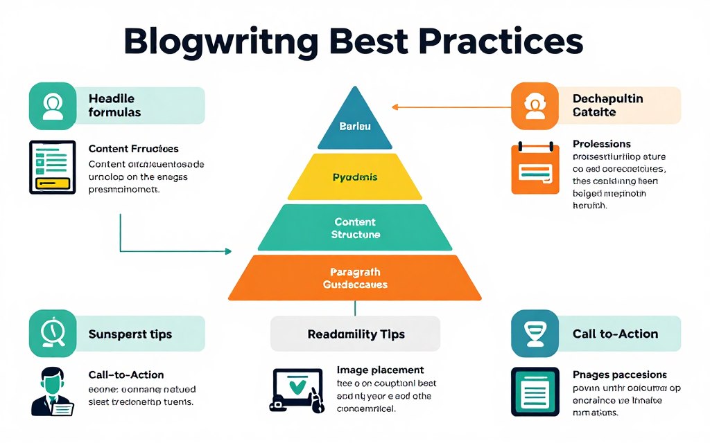 Blog writing best practices infographic with content structure tips