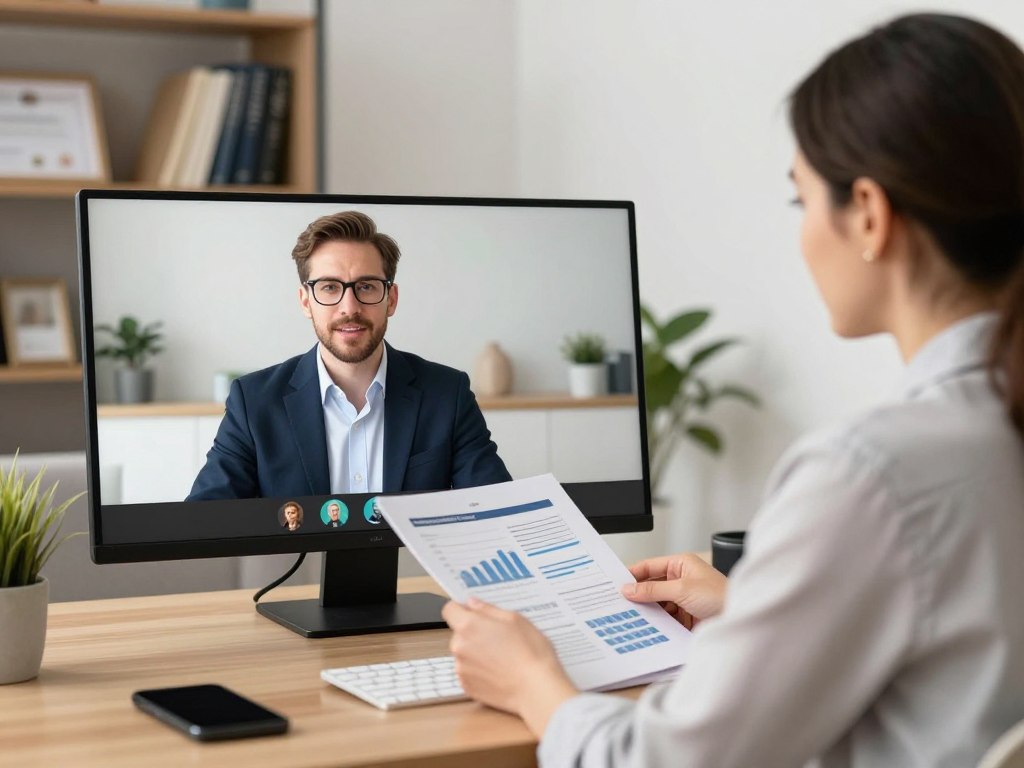 Business consultant conducting online video consultation with client