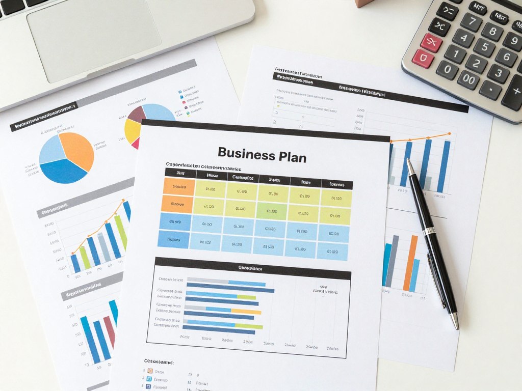 Business plan document with market research graphs and financial projections for startup