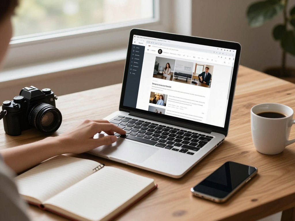 Content creator writing blog post with coffee and camera on desk
