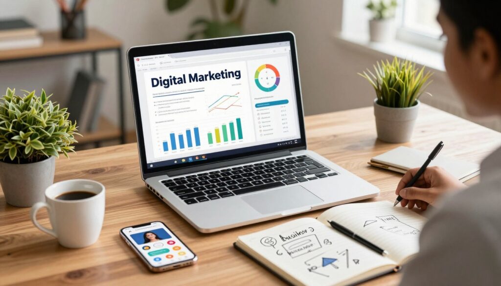 Digital Marketing Business Ideas in India 2026 entrepreneur workspace with laptop and smartphone
