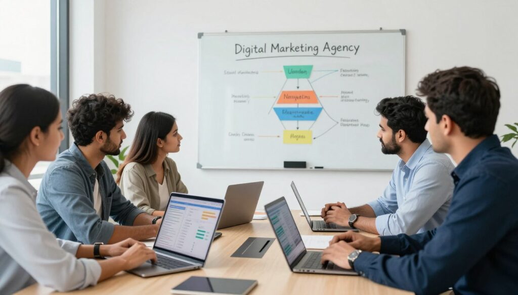 Digital marketing agency team meeting discussing client campaign strategies