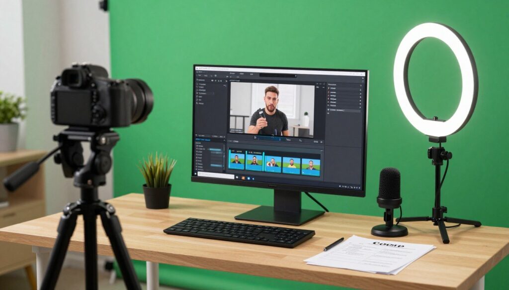 Digital marketing course creation workspace with recording equipment
