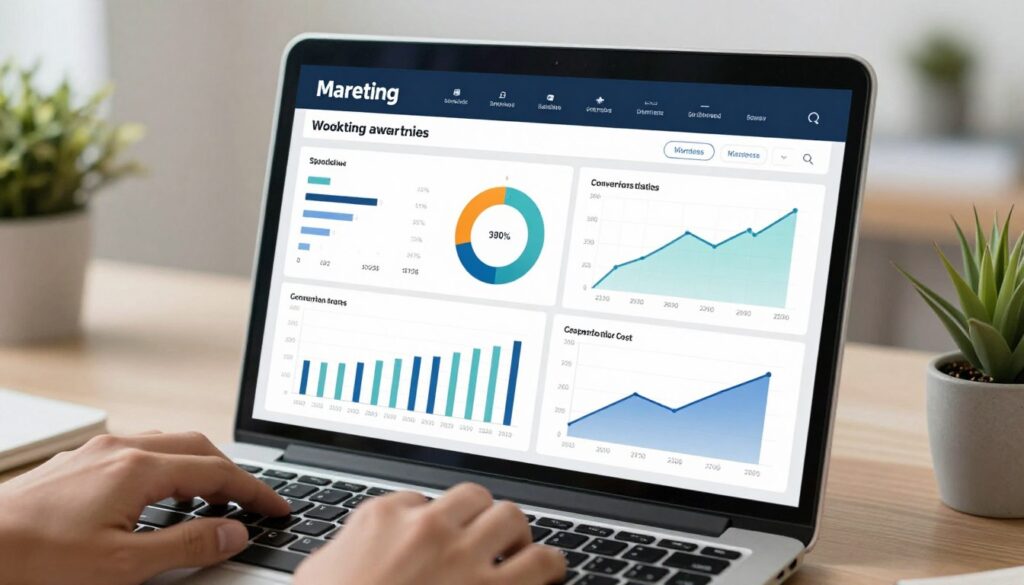 Digital marketing dashboard showing analytics and customer acquisition metrics for startup