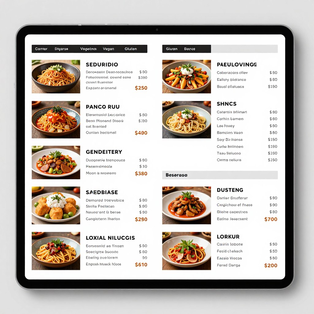 Digital menu showing dishes with descriptions and prices
