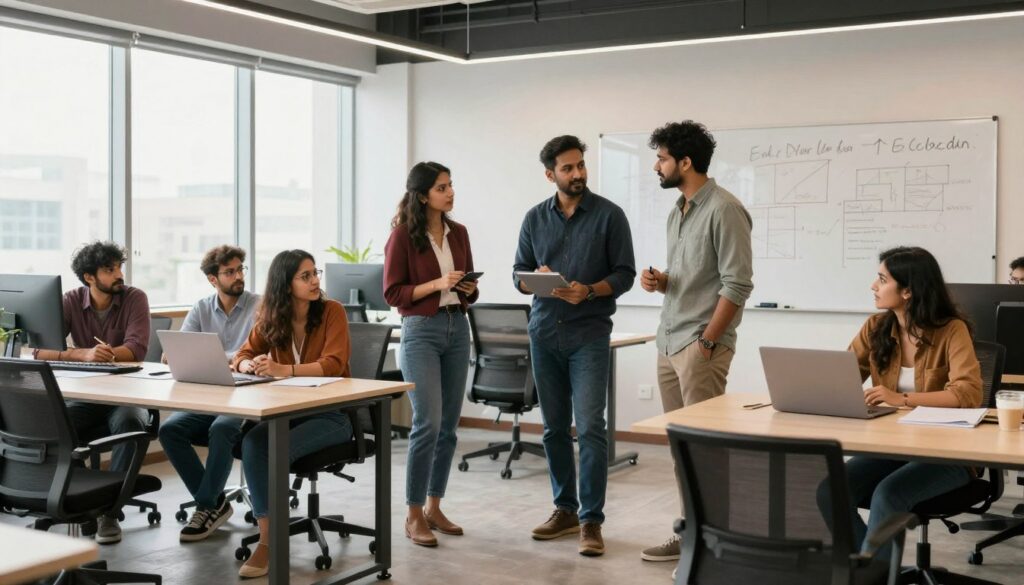Diverse startup team collaborating in modern Indian office workspace