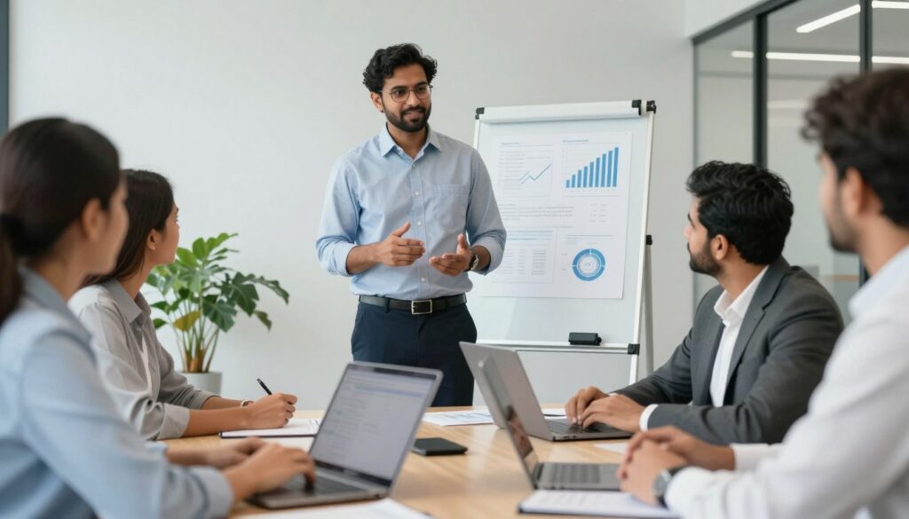 Entrepreneur meeting with investors and discussing business funding