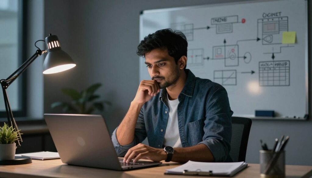 Entrepreneur overcoming business challenges while working on startup strategy