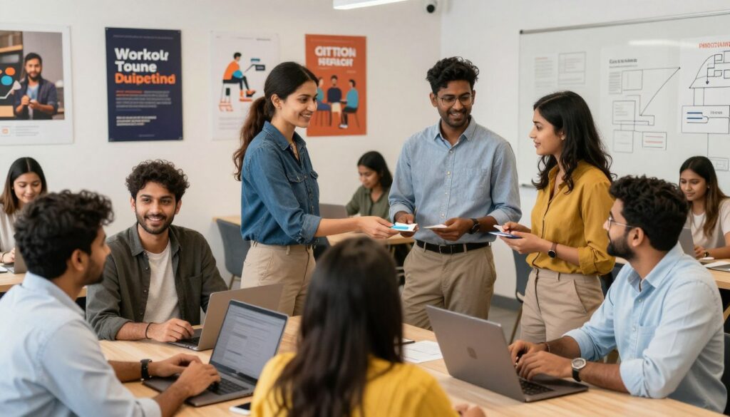 Entrepreneurs networking and collaborating in coworking space