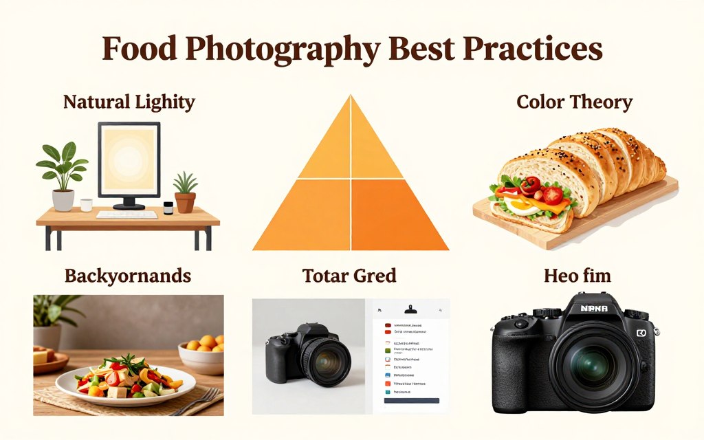 Food photography tips infographic showing lighting and composition techniques