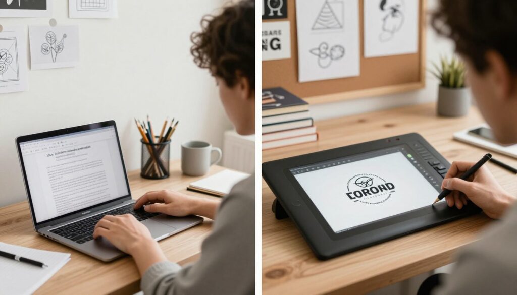 Freelance designer working on creative projects with design tools
