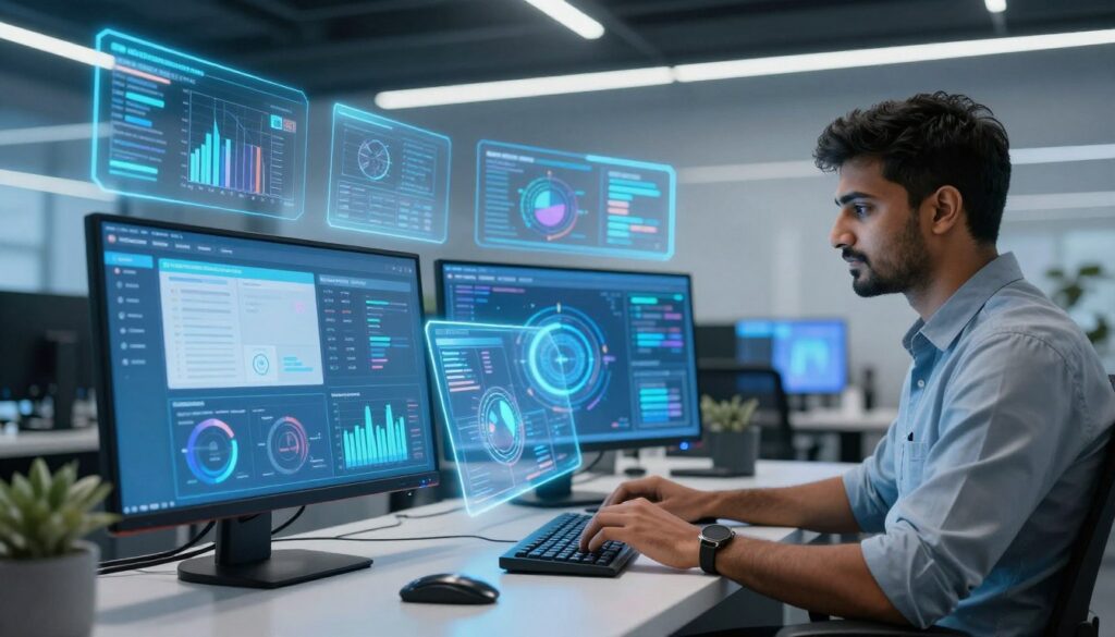 Futuristic digital marketing technology and AI tools visualization