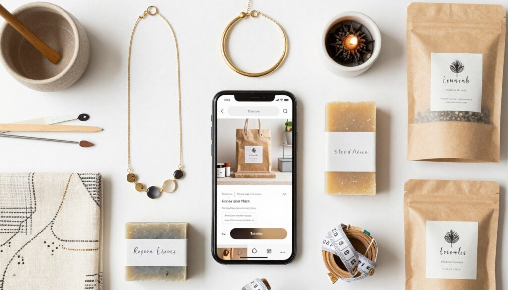 Handmade products displayed for online store with packaging