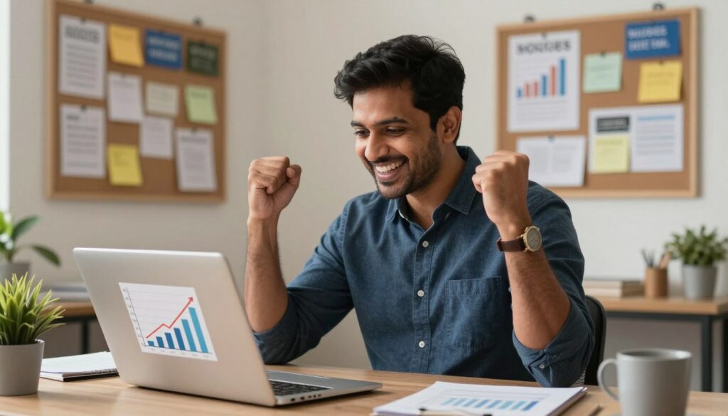 Indian entrepreneur celebrating business success with growth chart