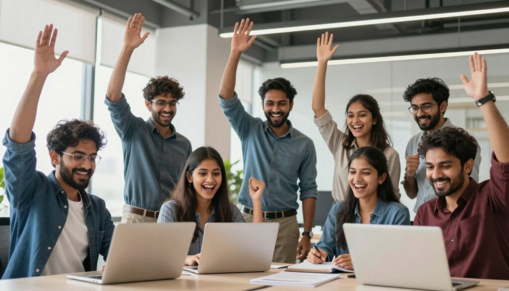 Indian entrepreneur celebrating startup success milestone with team members