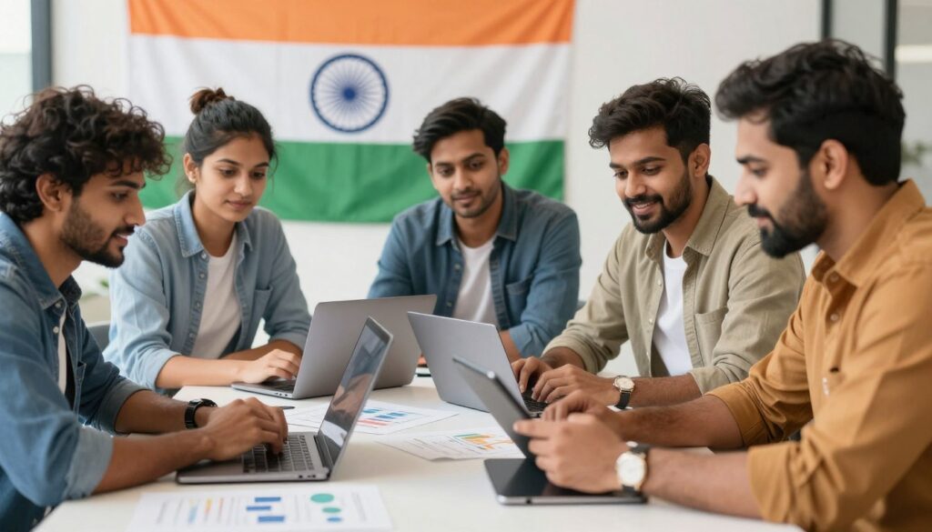 Indian entrepreneurs planning how to start a startup in India with digital devices and business documents