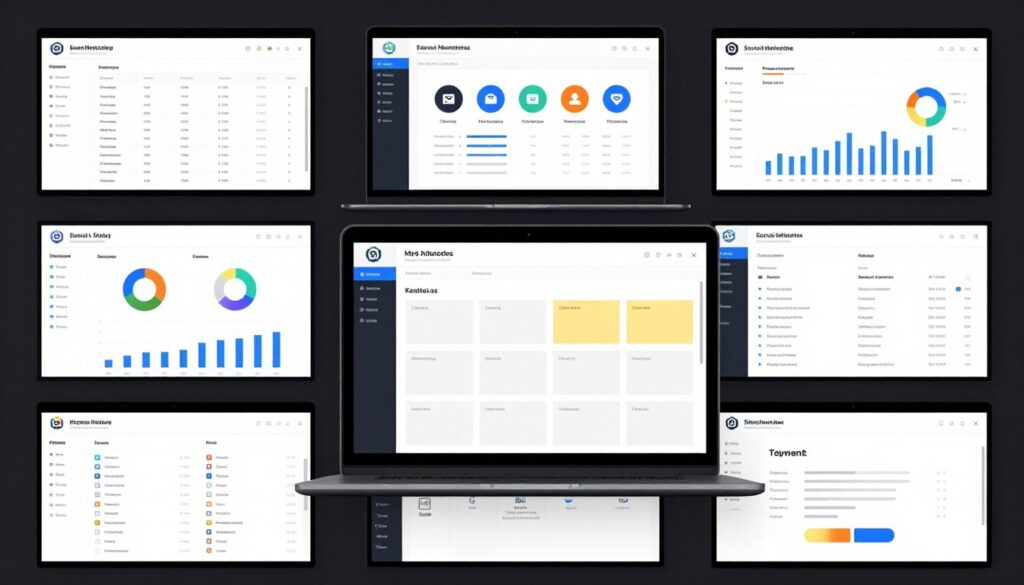 Laptop screen showing various business tools and software interfaces