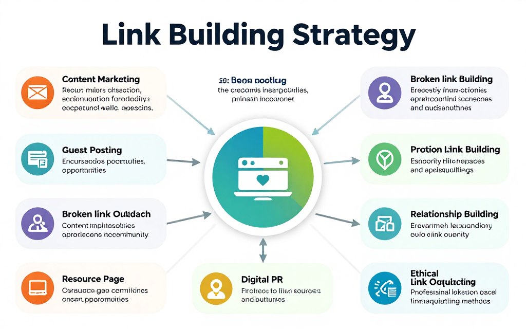Link building strategy infographic with various tactics