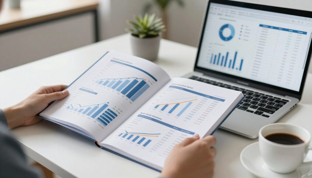 Marketing research report being reviewed with data charts and industry analysis