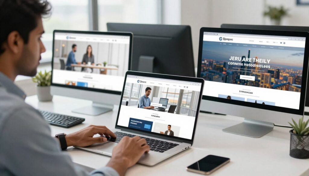 Modern business professional analyzing innovative website designs on multiple screens in a contemporary office
