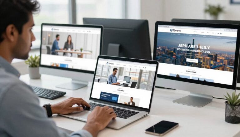 Modern business professional analyzing innovative website designs on multiple screens in a contemporary office