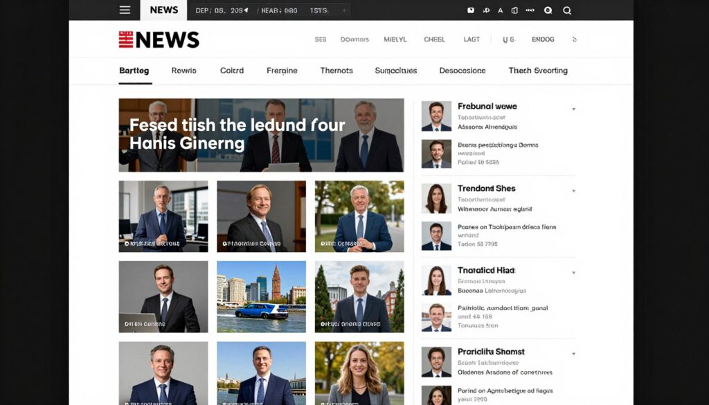 News website homepage with article grid and featured stories