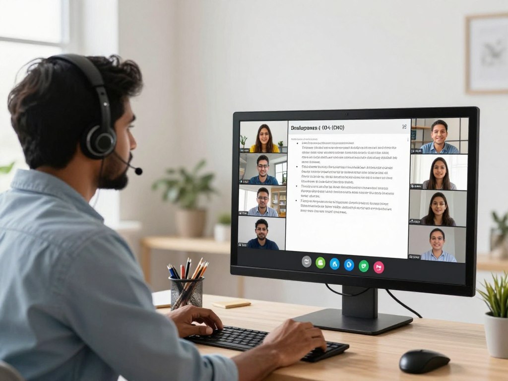 Online tutor conducting virtual class with students on video call