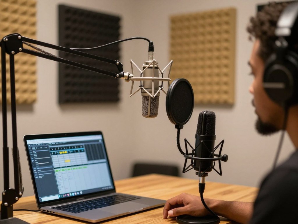 Podcaster recording episode with professional microphone setup