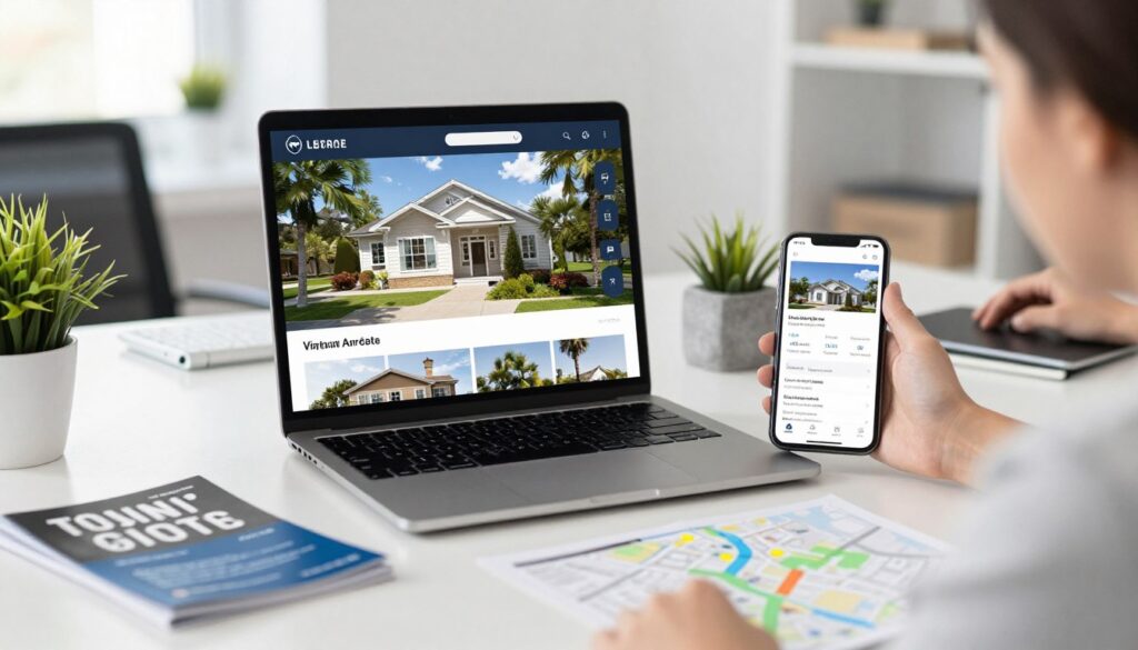 Real estate digital marketing materials showing property listings and virtual tours