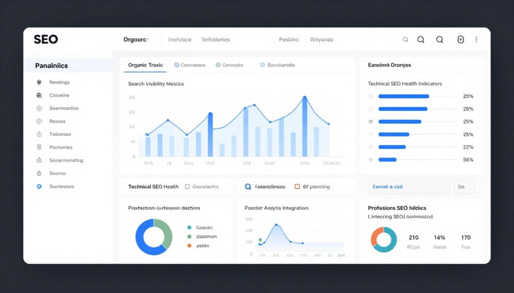 SEO analytics dashboard showing keyword rankings and traffic metrics
