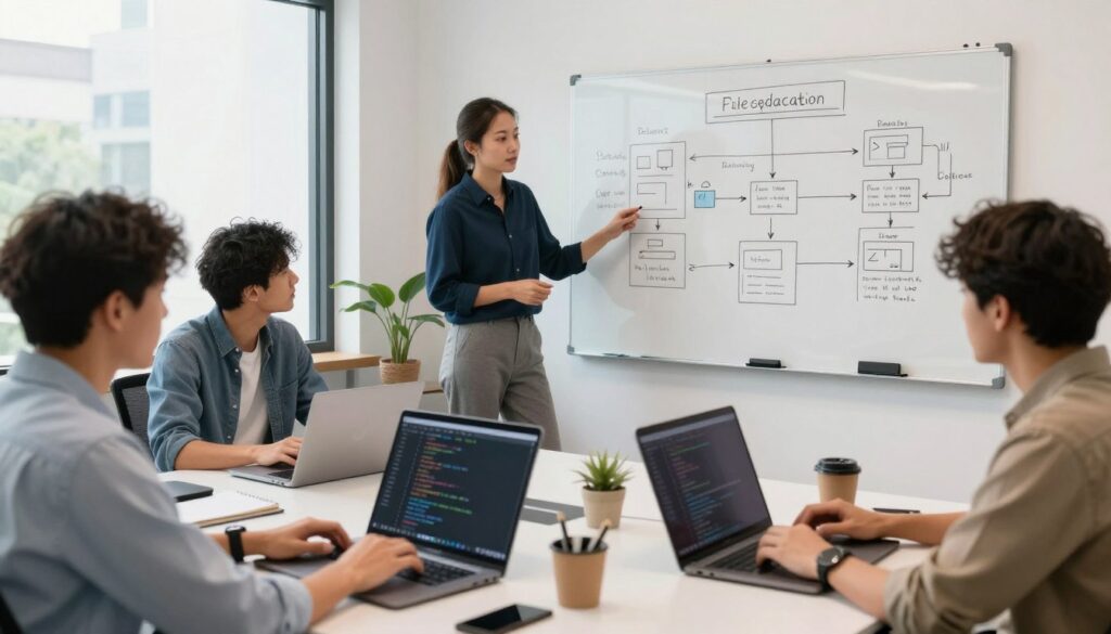 Software developers working on minimum viable product development for startup