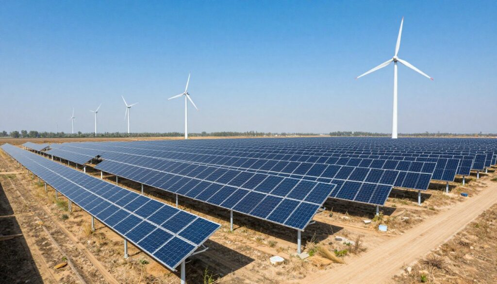 Solar panels and wind turbines representing renewable energy business in India